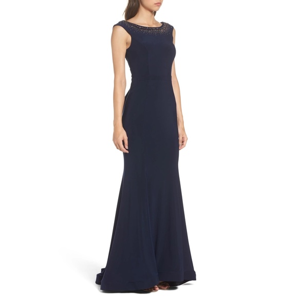 Xscape Beaded Ruffle Back Jersey Trumpet Gown - Picture 4 of 10